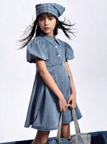 Annil Tween Girl Dress Summer Fashionable Lapel Puff Sleeve Denim Short Sleeve A-Line Dress Blue