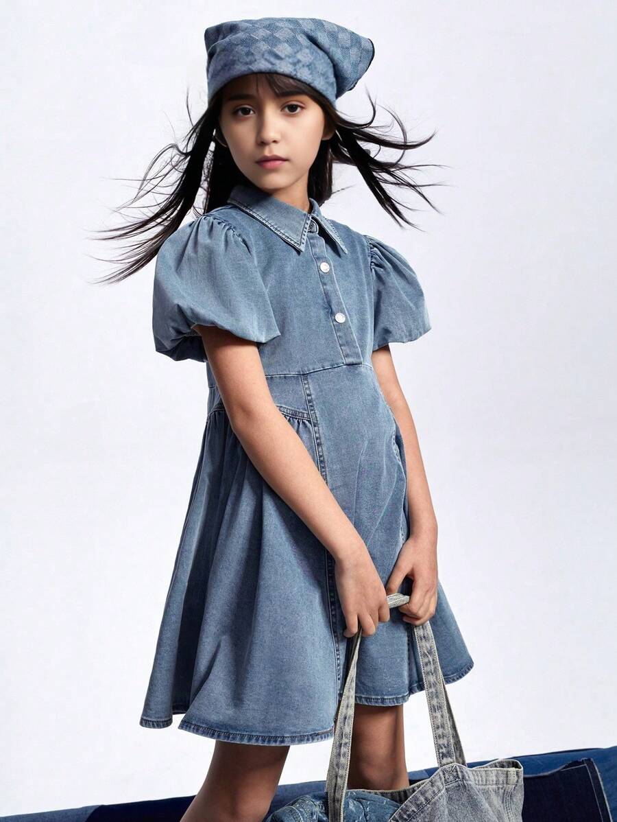 Annil Tween Girl Dress Summer Fashionable Lapel Puff Sleeve Denim Short Sleeve A-Line Dress Blue