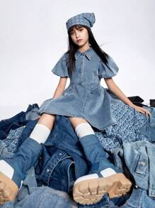Annil Tween Girl Dress Summer Fashionable Lapel Puff Sleeve Denim Short Sleeve A-Line Dress Blue