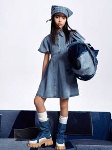 Annil Tween Girl Dress Summer Fashionable Lapel Puff Sleeve Denim Short Sleeve A-Line Dress Blue