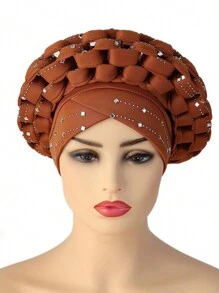 1pc Adjustable Muslim Hijab Auto Gele With Space Braid, Rhinestone Embellished African/ Cap Hair Sleep Cap - Hand-woven Hot Diamond - View 12