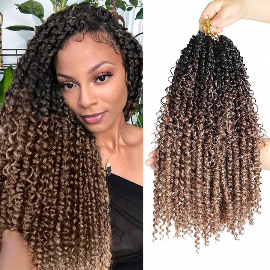 波西米亞風格的Passion Twist預扭曲針織女神扭1包預練習卷曲結束的14/18/22英寸合成髮辮髮片延伸，適用於女性 - 漸層棕色 - 查看 1