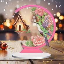 1入組DIY粉色鳥兒鑽石畫工藝套件，帶有花屋設計，手工數字鑽石圖片套裝，適用於節日家居裝飾、客廳桌上掛飾、裝飾性藝術品、家庭花園派對裝飾用品、成人裝飾禮品 - RH567 - 查看 7