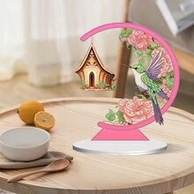 1入組DIY粉色鳥兒鑽石畫工藝套件，帶有花屋設計，手工數字鑽石圖片套裝，適用於節日家居裝飾、客廳桌上掛飾、裝飾性藝術品、家庭花園派對裝飾用品、成人裝飾禮品 - RH567 - 查看 4