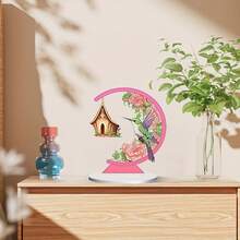 1入組DIY粉色鳥兒鑽石畫工藝套件，帶有花屋設計，手工數字鑽石圖片套裝，適用於節日家居裝飾、客廳桌上掛飾、裝飾性藝術品、家庭花園派對裝飾用品、成人裝飾禮品 - RH567 - 查看 1