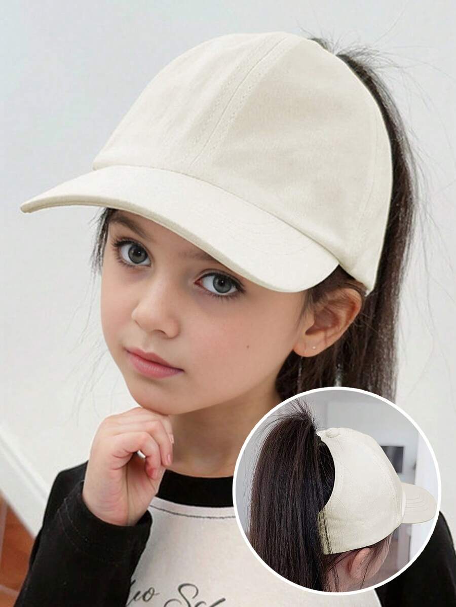 1pc Kid's Solid Color Casual Fashionable Ponytail Sun Visor Hat - Beige - View 1