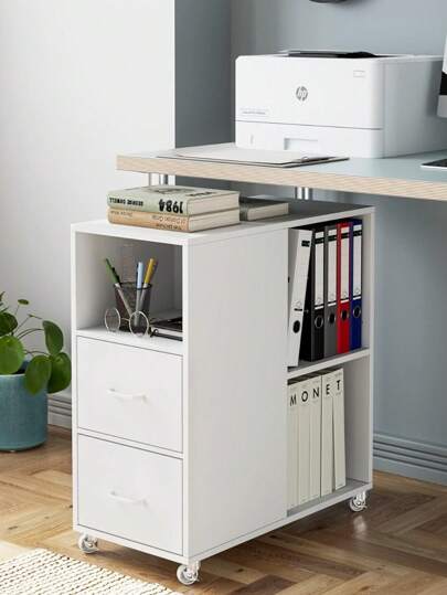 Conjunto de 2 contêineres com rodas, armário de arquivo com gaveta e compartimentos, armário de escritório, mesa lateral para sala de estar, quarto e escritório, branco + marrom