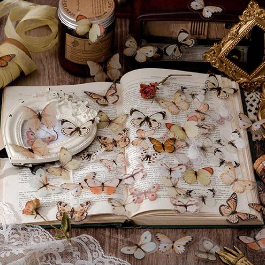Butterfly PET Sticker Pack, 40st Vintage Artistic DIY Scrapbooking Dekoration Stickers - Multifärgad - Visa 1