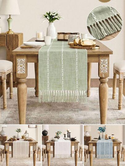 1PC Retro Country Style Bohemian Woven Table Runner, Handmade Tassel Lace Knotted Tassel, Ivory/Green/Grey Blue/Cream Striped Doodle, Suitable For Coffee Table Or Dining Table Cover Or Bedspread, Suitable For Wedding Banquet Holiday Table Decoration, Suitable For Country , Wedding, Bridal Shower