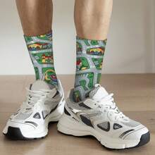 1 par de calcetines locos y divertidos para hombre, diseño de alfombra de carretera de ciudad en coche y juguete nostálgico de los años 90, patrón impreso alegre de hip hop Harajuku, sin costuras, modelo de compresión para niños, regalo novedoso