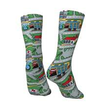 1 par de calcetines locos y divertidos para hombre, diseño de alfombra de carretera de ciudad en coche y juguete nostálgico de los años 90, patrón impreso alegre de hip hop Harajuku, sin costuras, modelo de compresión para niños, regalo novedoso