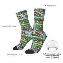 1 par de calcetines locos y divertidos para hombre, diseño de alfombra de carretera de ciudad en coche y juguete nostálgico de los años 90, patrón impreso alegre de hip hop Harajuku, sin costuras, modelo de compresión para niños, regalo novedoso