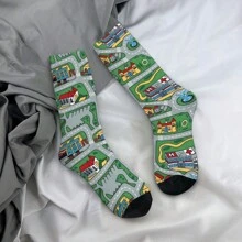 1 par de calcetines locos y divertidos para hombre, diseño de alfombra de carretera de ciudad en coche y juguete nostálgico de los años 90, patrón impreso alegre de hip hop Harajuku, sin costuras, modelo de compresión para niños, regalo novedoso