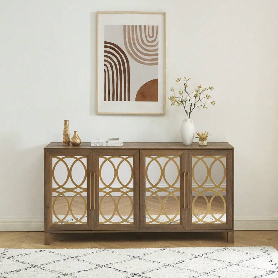 EDYO LIVING 63'' Media Console Mid Century Modern TV Stand, Wood TV Stand With Storage Cabinet And Open Shelf For Televisions Up To 65", Entertainment Center, TV Console Table For Living Room, Rustic Oak - 質樸的橡木色 - 查看 1