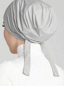 1pc Solid Color Simple Fashion Skin-Friendly Comfortable Tie Strap Turban Hijab Cap, Without Brim, Suitable For Daily Life And Outdoor Activities For Women - Light Grey - View 2