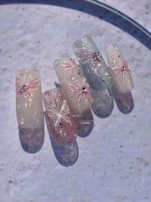 1pc Shiny Shell Pink Jelly Butterfly Nail Art Sticker, Self-Adhesive Nail Decals, Nail Jewelry, DIY Nails Nail Supplies - Pink - View 3