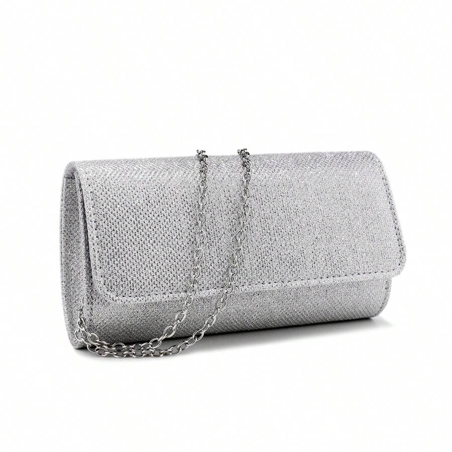 GLOIG Silver Clutch Bags V Design Metal Chain Glitter Sequined Evening Bags With Envelope Party Wedding Casual Lady Handbags Banquet Dinner Purse - Silver - View 1