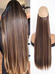 合成光环接发，24 英寸无夹直发接发，一体式假发，女士鱼线假发片（棕色混合金色） - 彩色 - 查看 2