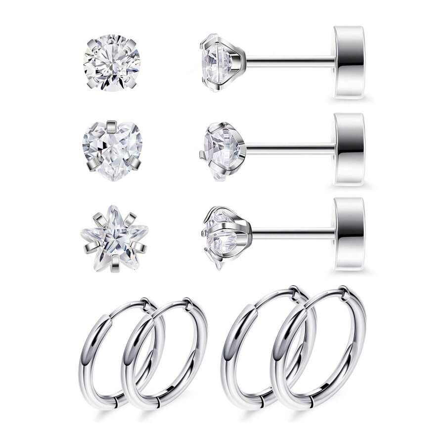 5Pairs 20G Earrings For Women Men Studs And Hoop Earrings CZ Flat Back Stud Earrings For Sensitive Ears Hypoallergenic Cartilage Helix Earrings