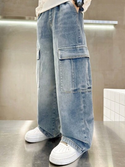 Tween Boy Casual High Waist Loose Straight Leg Denim Jeans Cargo Pants
