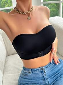 1 pieza Sujetador sin tirantes y sin rastro, cómodo con hebilla frontal para mujeres, lencería - Negro - Ver 4