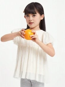 Annil 儿童上衣夏季休闲甜美圆领蓬松网眼泡泡袖短袖青少年女童 T 恤