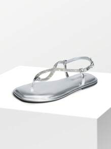 Women's Flat Sandals Fashion Rhinestone Flat Sandals With Ankle Strap For Summers Dress Casual - Silver - View 8