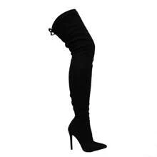 Women's Thigh High Stretchy Suede Material Pointy Toe Stiletto Heel Boots - Black Tall - View 2