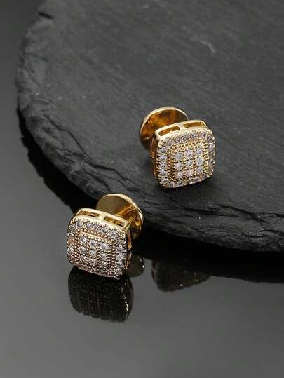 1pair Fashionable Geometric Copper Cufflinks With Cubic Zirconia Inlay For Men