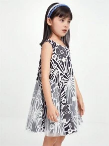 Annil Vestido sin mangas de cuello redondo de algodón puro impreso con una hermosa flor de malla para niña preadolescente, suave y cómodo para el verano