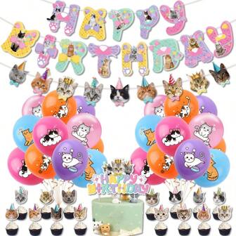 40pcs Pet Cat Theme Balloon Set, Cat Pull Flag + Cake Topper + Latex Balloons Set For Decorating Birthday Party, Theme Party Scenes