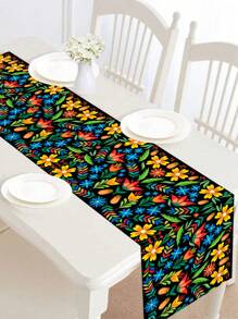 1入組35*180cm豐富多彩的花卉圖案墨西哥風格的聚酯桌布，適用於墨西哥亡靈節，房間桌面裝飾用品，墨西哥節日家庭聚會裝飾用品 - 彩色 - 查看 1