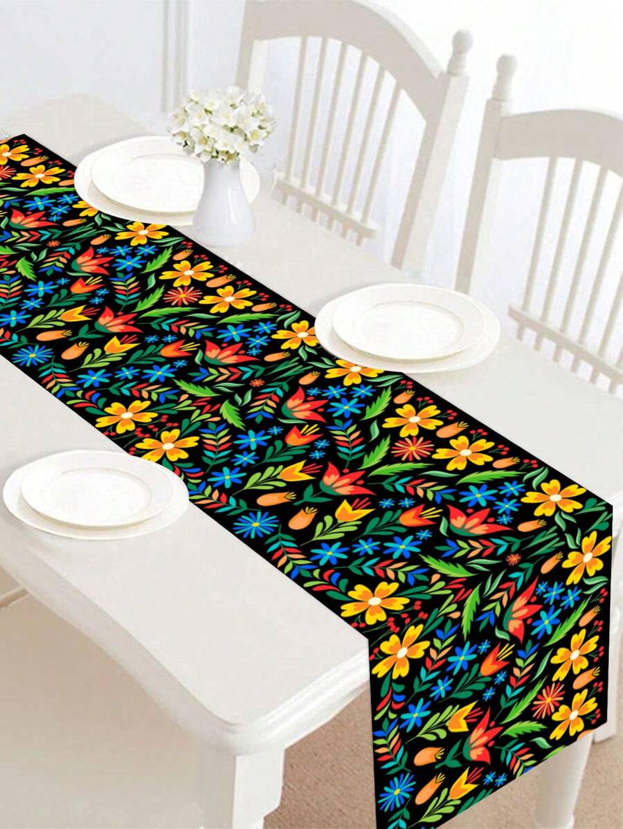 1入組35*180cm豐富多彩的花卉圖案墨西哥風格的聚酯桌布，適用於墨西哥亡靈節，房間桌面裝飾用品，墨西哥節日家庭聚會裝飾用品 - 彩色 - 查看 1
