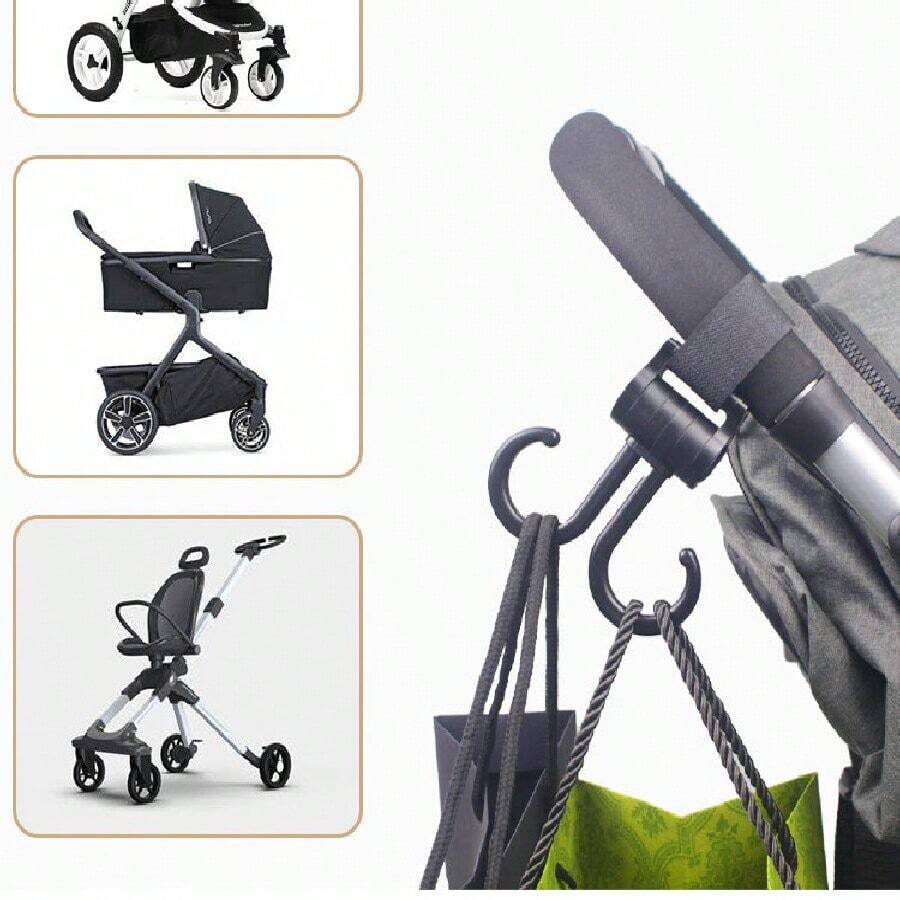 1 pieza Gancho para cochecito de bebé, gancho giratorio ajustable horizontal y verticalmente hecho de material ABS para colgar bolsa - Negro - Ver 1