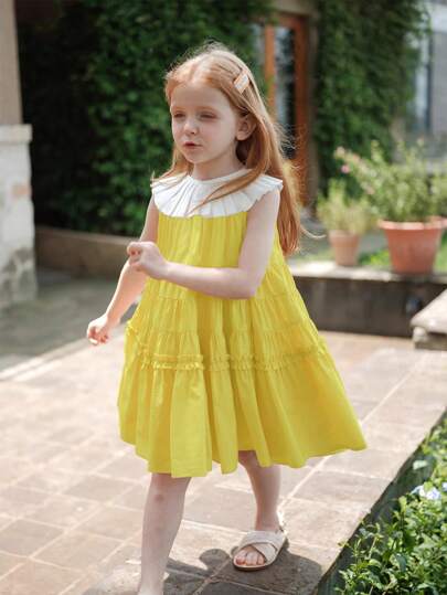 女小童1入組拼接領荷葉邊娃娃裙