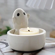 1pc White Ghost Candle Holder, Cute Ceramic Candle Holder For Desktop Decor, Holiday Celebration Atmosphere, Home Use White Ghost Candle Holder