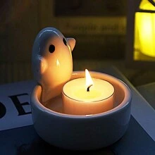 1pc White Ghost Candle Holder, Cute Ceramic Candle Holder For Desktop Decor, Holiday Celebration Atmosphere, Home Use White Ghost Candle Holder