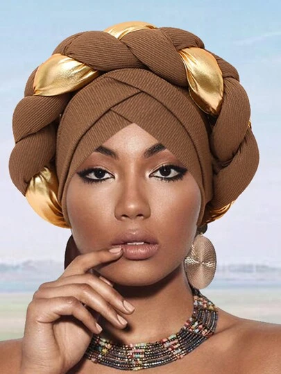 1pc European And American Style Double-Layer Brim Twisted Knitted Hat With A Golden Braid For Women's Fashion And Elegance Sleep Bonnet