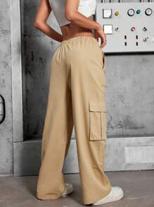Calça Cargo Feminina, Cintura Alta, Elastico Com Lycra, Com Bolsos Nas Laterais, Sofisticada, Bloguerinha - Bege - Visão 2