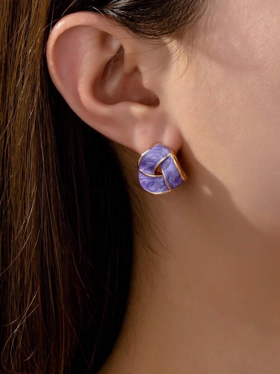 1pair Charming Fashionable Versatile Simple Enamel Geometric Stud Earrings - Purple - View 1