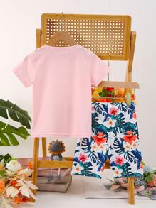 Young Girl Summer Pink T-Shirt & Shorts Set, Printed Tee With Heat-Pressed Flowers + Colorful Digital Printed Flower Outdoor Casual Wear - Pink - View 2