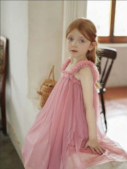 Young Girl 1pc Cute Lace Princess Tutu Dress With Puffy Tulle Dress And 3D Floral Detail, Sleeveless For Party, Beach, Birthday, Spring And Summer