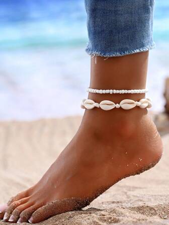 2pcs Bohemian Beach Vacation Women's Beaded & Seashell Bracelet Set, Suitable For Daily And Holiday Wear