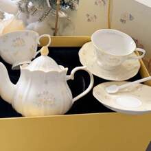 1套250ml山茶花毛絨貓陶瓷杯和茶碟套裝，適用於咖啡和下午茶，法式復古風格，不含匙羹 - 白色 - 查看 7