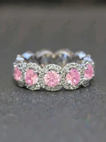 1 件镀银铜锆石戒指，适合女性日常佩戴和送礼 - 粉色 - 查看 3