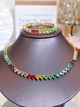 SEQUITO 1 pieza Pulsera + 1 pieza Collar Conjunto de joyería dorada noble para mujer Engaste empedrado Corazón colorido AAAAA CZ Circonita Elegante joyería para fiesta y baile