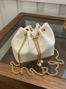 Fashion Colorblocked Chain Strap Mini Bucket Crossbody Bag - White - View 2