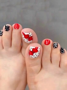 Set de arte de uñas elegante y de cutis justo con 24 piezas brillantes, adorables y a la moda con diseño de lunares y lazo rojo envolver para dedos de los pies, juego completo de manicura para mujeres con uñas postizas, adecuado para fiestas, fiestas de baile y uso diario, suministros de uñas uñas falsas uña falsa uña acrílica