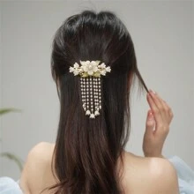 1pc Elegant Retro Style Lily & Tassel Decor Women's Hair Clip, Suitable For Hanfu & Qipao, With Flexible Spring
