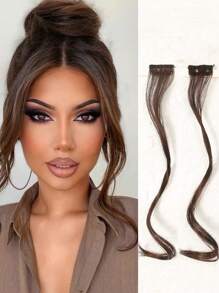 2PCS Synthetic Curly Clip-In Bangs For Women - 14 Inch Long Front Two Side Fringe Hair Extension With Middle Part Fake Fringe - Dark Brown - View 2